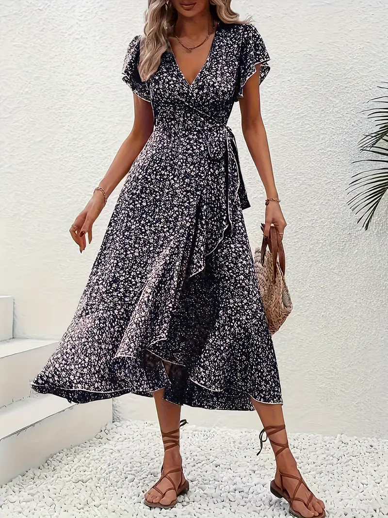 V-Neck Ruffled Wrap Midi Dress – Flowy Tiered Hem
