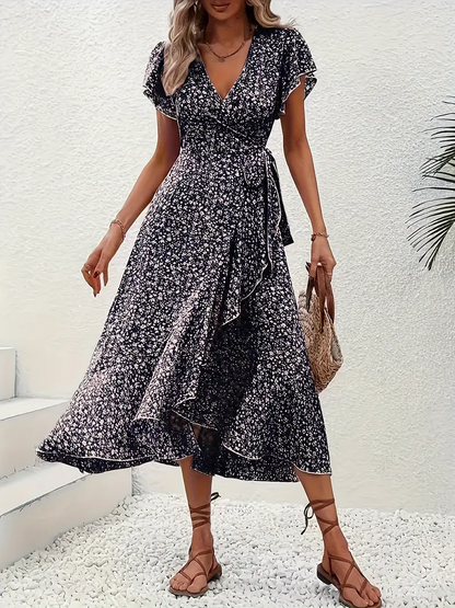 V-Neck Ruffled Wrap Midi Dress – Flowy Tiered Hem