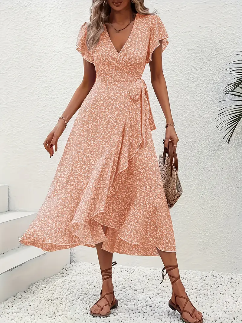 V-Neck Ruffled Wrap Midi Dress – Flowy Tiered Hem