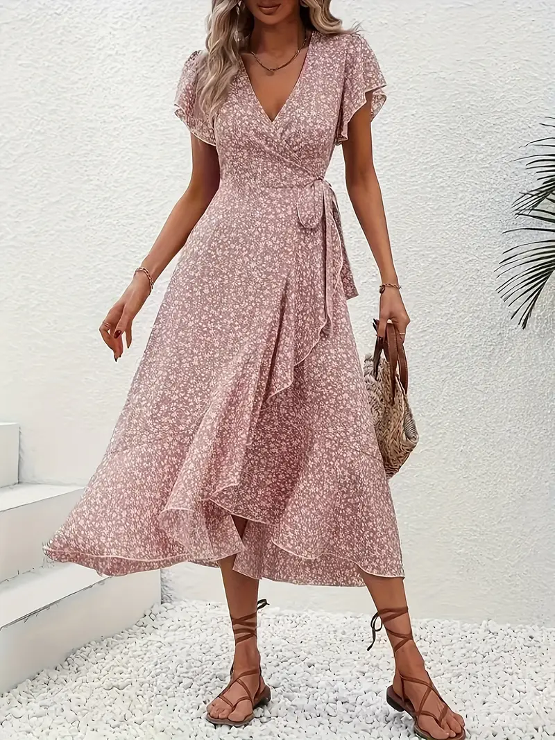 V-Neck Ruffled Wrap Midi Dress – Flowy Tiered Hem