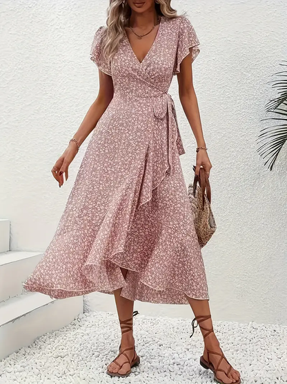 V-Neck Ruffled Wrap Midi Dress – Flowy Tiered Hem