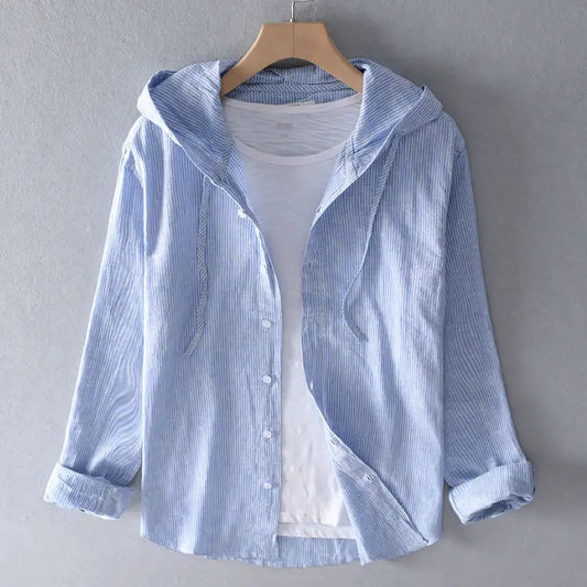 Blue linen hooded button-up shirt