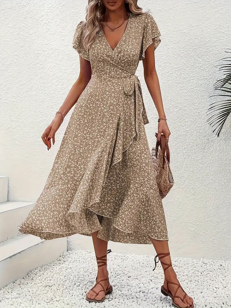 V-Neck Ruffled Wrap Midi Dress – Flowy Tiered Hem