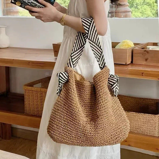 brown boho woven carryall tote bag with contrast-striped straps
