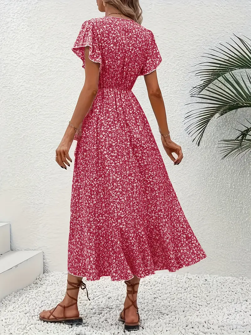 V-Neck Ruffled Wrap Midi Dress – Flowy Tiered Hem