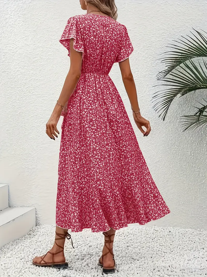 V-Neck Ruffled Wrap Midi Dress – Flowy Tiered Hem