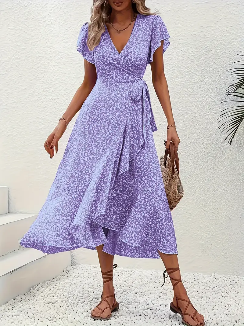 V-Neck Ruffled Wrap Midi Dress – Flowy Tiered Hem