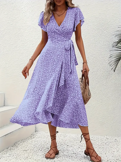 V-Neck Ruffled Wrap Midi Dress – Flowy Tiered Hem