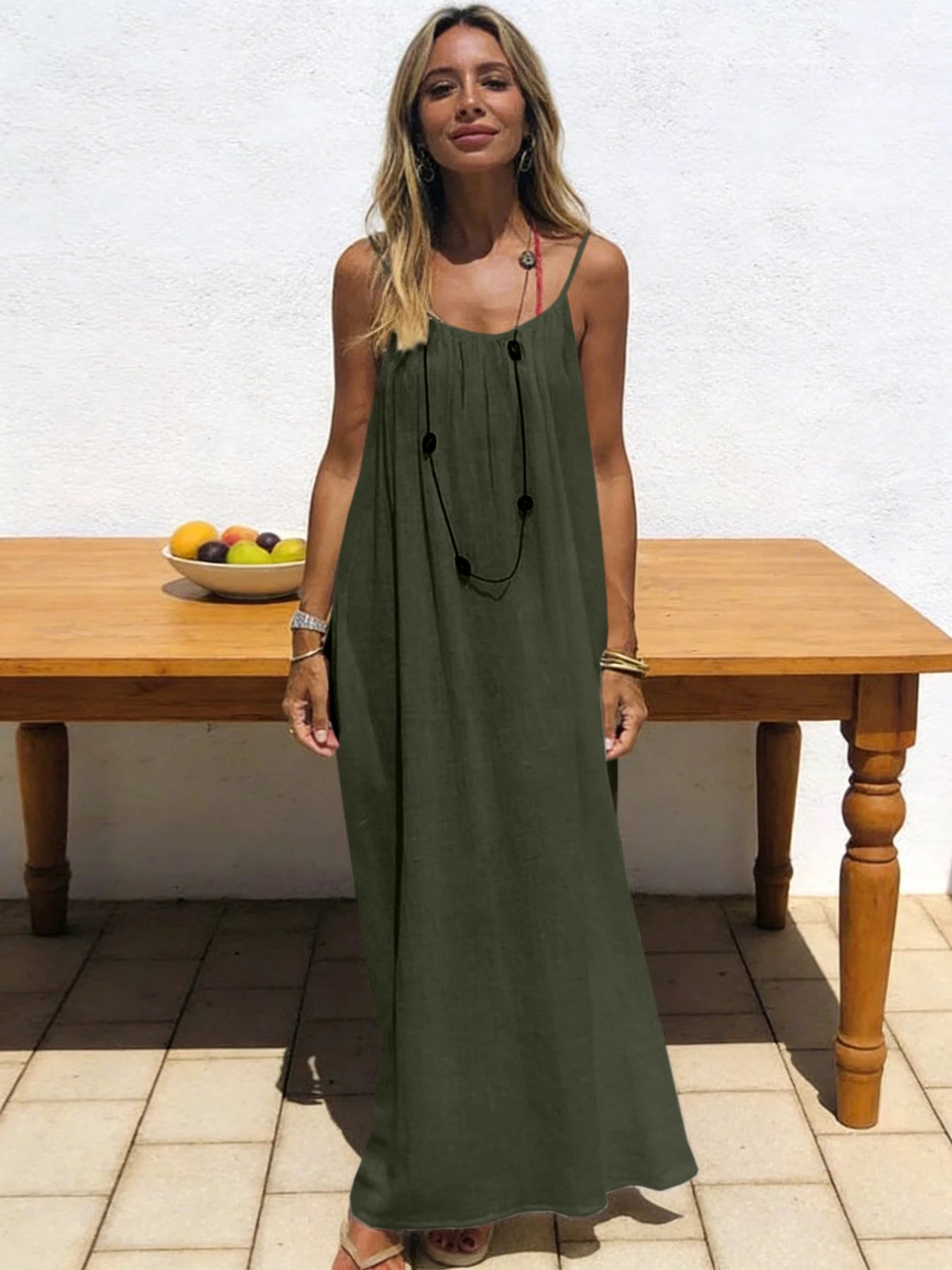 Tie-strap backless maxi dress in army green – Purvelia