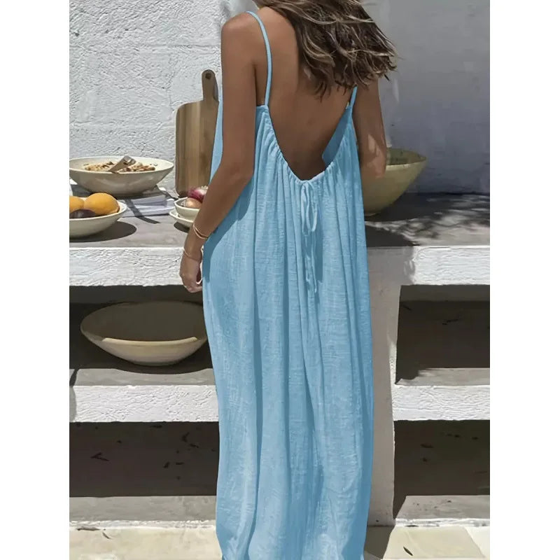 Tie-strap backless maxi dress in light blue – Purvelia (alternate angle)