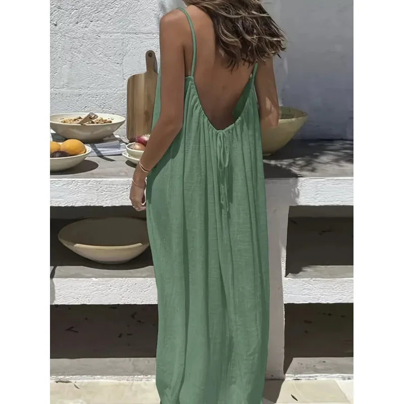 Tie-strap backless maxi dress in light green – Purvelia