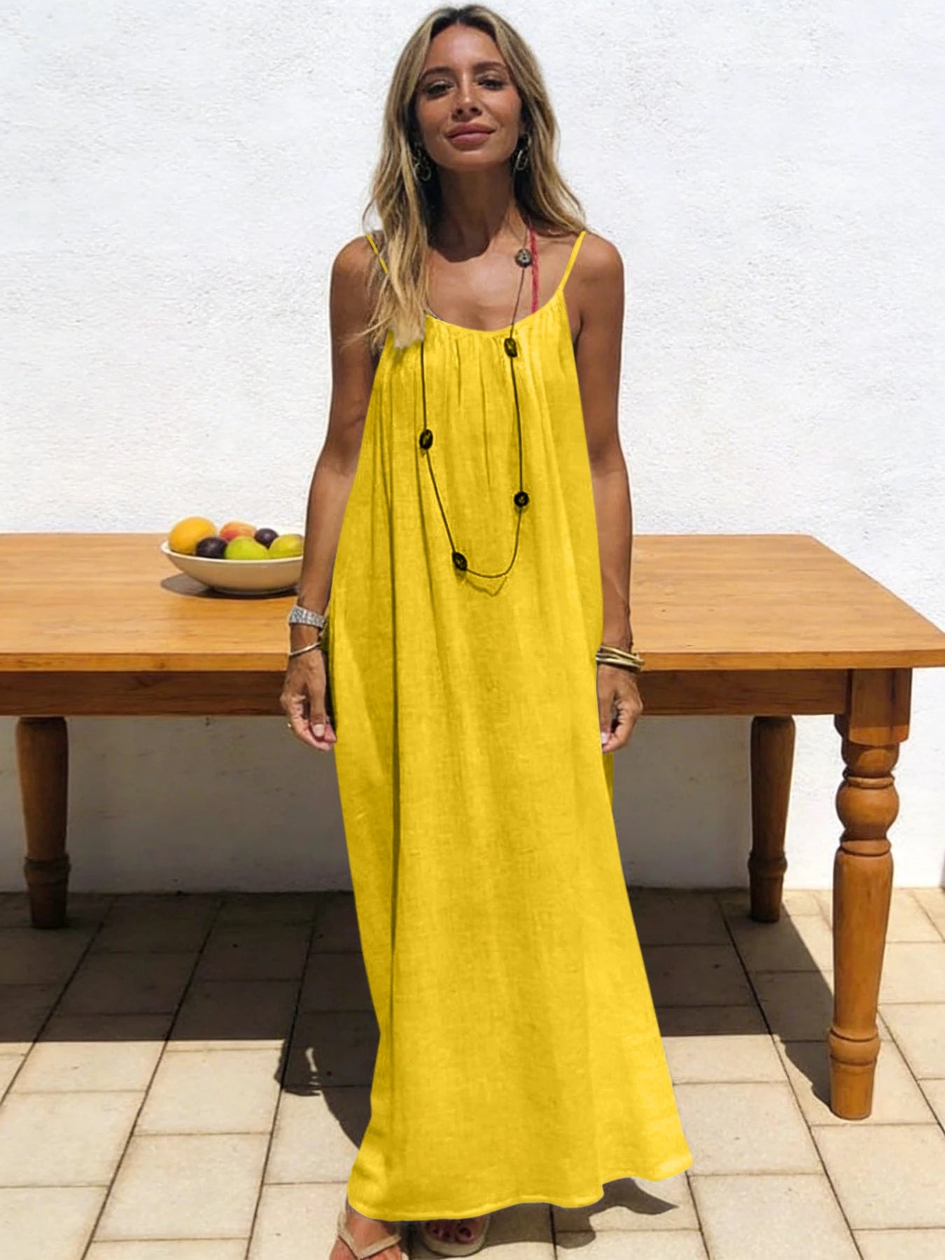 Tie-strap backless maxi dress in bright yellow – Purvelia