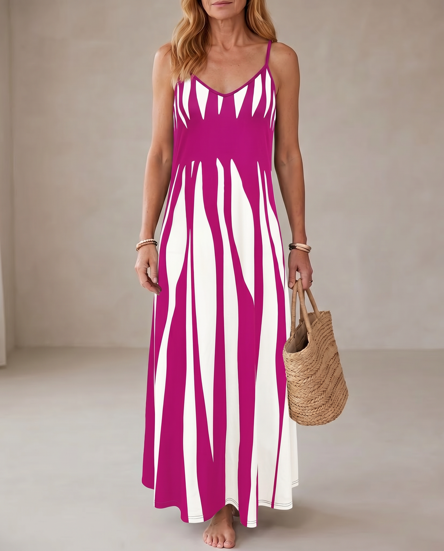 V-Neck Strap Print Maxi Dress