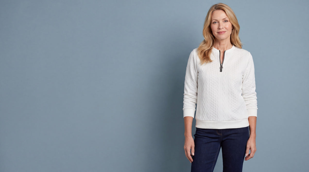 Woman wearing the white Textured Zipper Sweatshirt from Purvelia